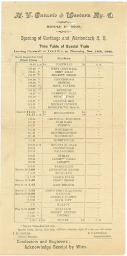 New York, Ontario & Western Railroad Co., Middle Division. Timetable. November 16, 1886 chs-000304